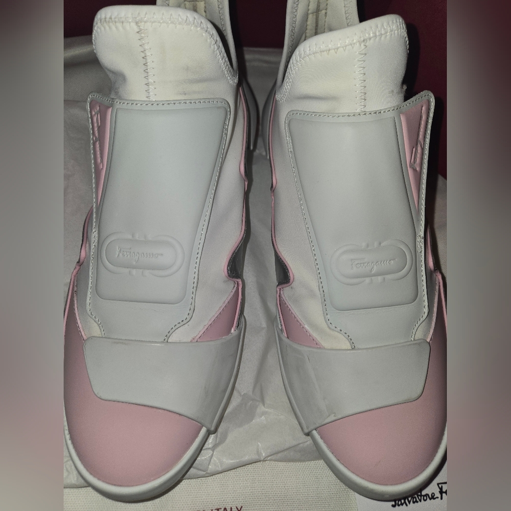 Ferragamo Nile Neoprene leather women's Sock sneakers Pink and white 8.5/ 39 - Picture 5 of 14